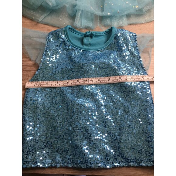 Kids Blue Sequin Glittery Tulle Dress With Ruffle Sleeves - Back Velcro Closure - Picture 3 of 10
